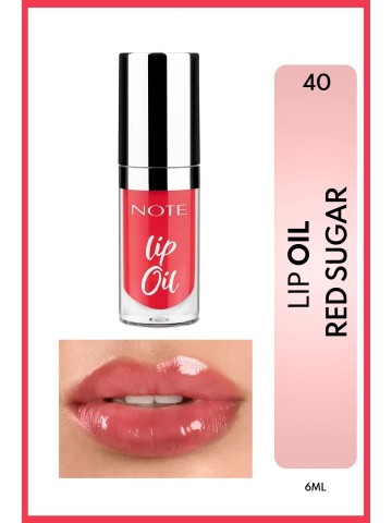 Note Lip Oil 40 Sugar Red oferă o nuanță roșie vibrantă, hidratare profundă și un luciu intens. Conține ulei de avocado, jojoba,