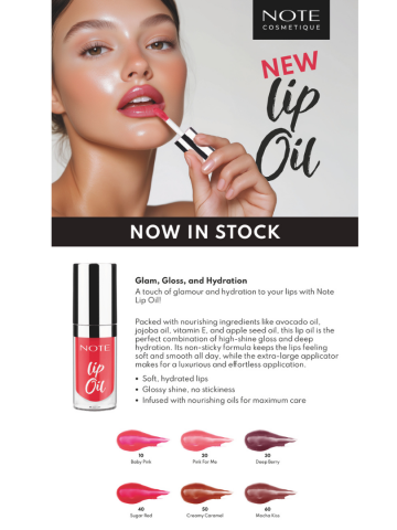 Note Lip Oil 30 Deep Berry adaugă buzelor o nuanță mov-afinată, hidratare intensă și strălucire naturală. Cu ulei de avocado, jo