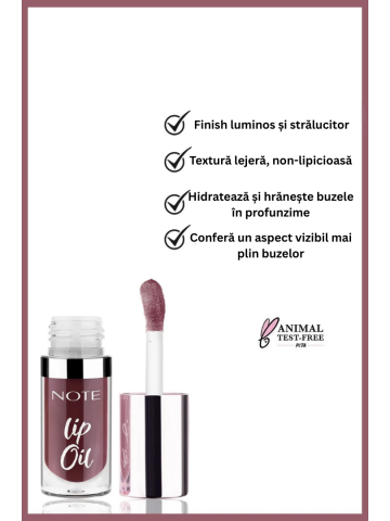Note Lip Oil 30 Deep Berry adaugă buzelor o nuanță mov-afinată, hidratare intensă și strălucire naturală. Cu ulei de avocado, jo