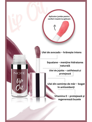 Note Lip Oil 30 Deep Berry adaugă buzelor o nuanță mov-afinată, hidratare intensă și strălucire naturală. Cu ulei de avocado, jo