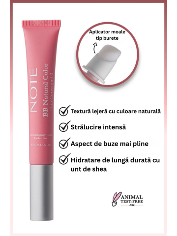 Note BB Lip Corrector 02 hidratează, uniformizează culoarea buzelor și oferă un luciu natural roz. Cu peptide pentru volum, unt